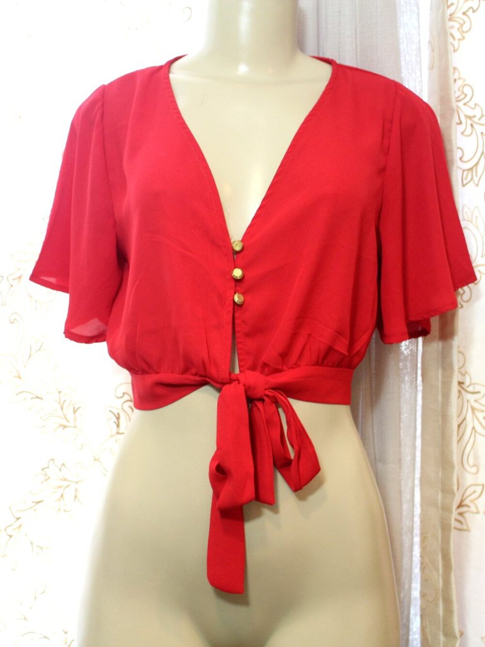 💃Love J Red Chiffon Flutter Sleeve Tie Front Semi-Sheer Crop Top Blouse